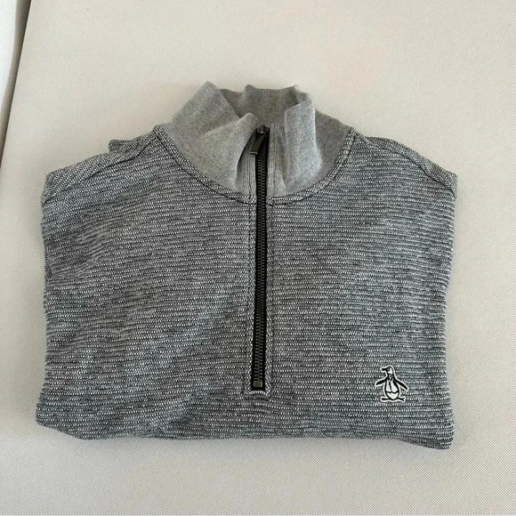 Penguin 1/4 Zip Sweater Heather Black/Gray Textured Size Medium High Neck - Picture 4 of 11
